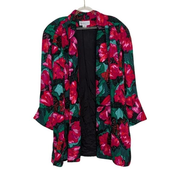 Vintage Evan Picone Silk Floral Jacket Womens Size 18 XL Green Open Cardigan - Picture 1 of 10